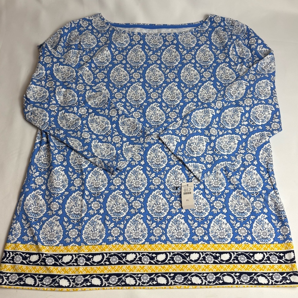 NWT Talbots Blue and Yellow Patterned Boatneck Tee